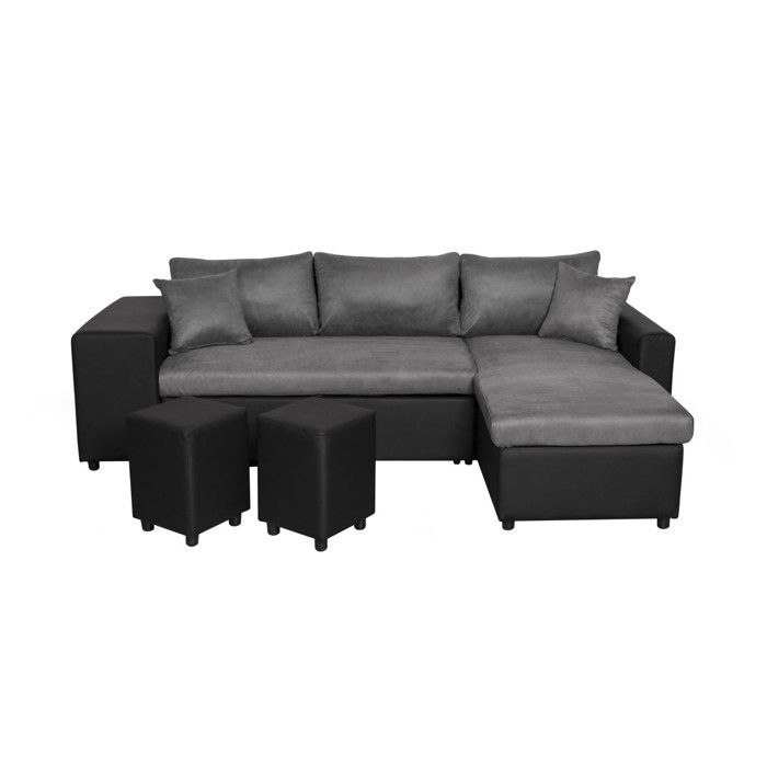 Canapé Dangle Gauche Convertible Grisnoir Avec Coffre Et Poufs Oslo
