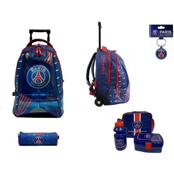 PSG - Set Scolaire Sac à Dos Trolley 42 cm Trousse Scolaire - Set gouter + Porte  clé PSG