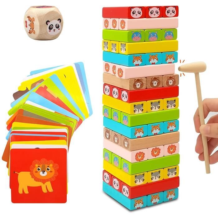 Tour Jenga Animaux, Tour de blocs empilables en bois, Jeu de Société Educatif - Jeux Tour Jenga Animaux, Tour de blocs empilables en bois, Jeu de Société Educatif - Jeux