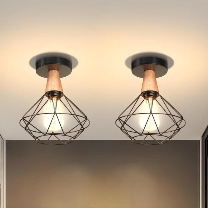 Plafonnier Vintage Industriel - Cage Métal Et Bois - E27 - Noir - Pour Salon, Cuisine, Chambre
