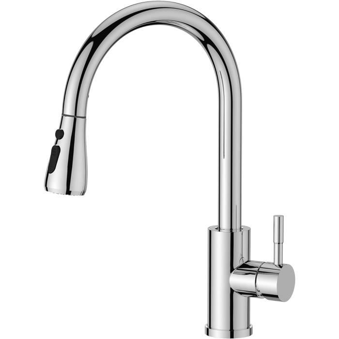EGTink Robinet Cuisine,Mitigeur Cuisine Robinet avec Douchette Extractible pivotant à 360°d'Évier à Arc Élevé Pulvérisateur Escamotable 2 Modes,Argent Brossé