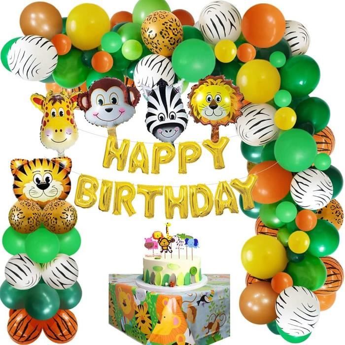 Kit Déco Anniversaire Jungle – Ballons Animaux (Renard, Cerf), Bannière, Ballons Latex, Pampilles, Vert