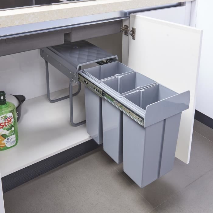 Poubelle encastrable Froland 3 x 10 litres 48 x 26 x 42 cm gris