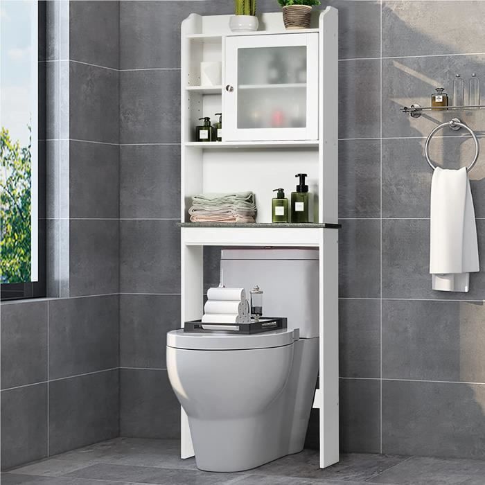 goplus armoire dessus toilette avec 4 étagères, étagère salle de bain avec porte, meuble de toillette en bois, 60x19x173cm, blanc