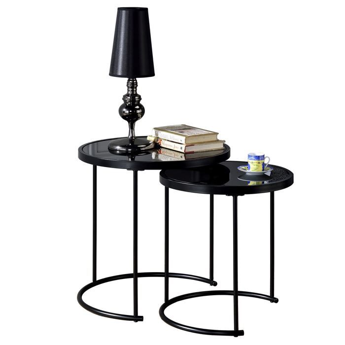 lot de 2 tables d'appoint - idimex - leyre - plateau rond en verre trempé noir - style industriel