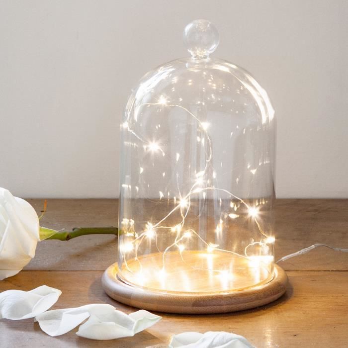grande cloche en verre decorative avec 20 micro led blanc chaud et socle en bois cdiscount maison