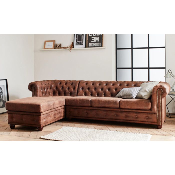 winston canape d angle chesterfield 4 places style industriel gauche couleur marron cdiscount maison