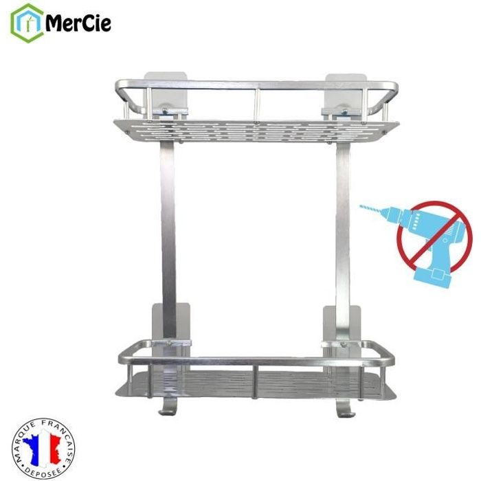 Etagère de Douche rectangulaire 2 Niveaux en Aluminium (ANTIROUILLE) avec Montage sans PERCAGE - Forage. Serviteur douche