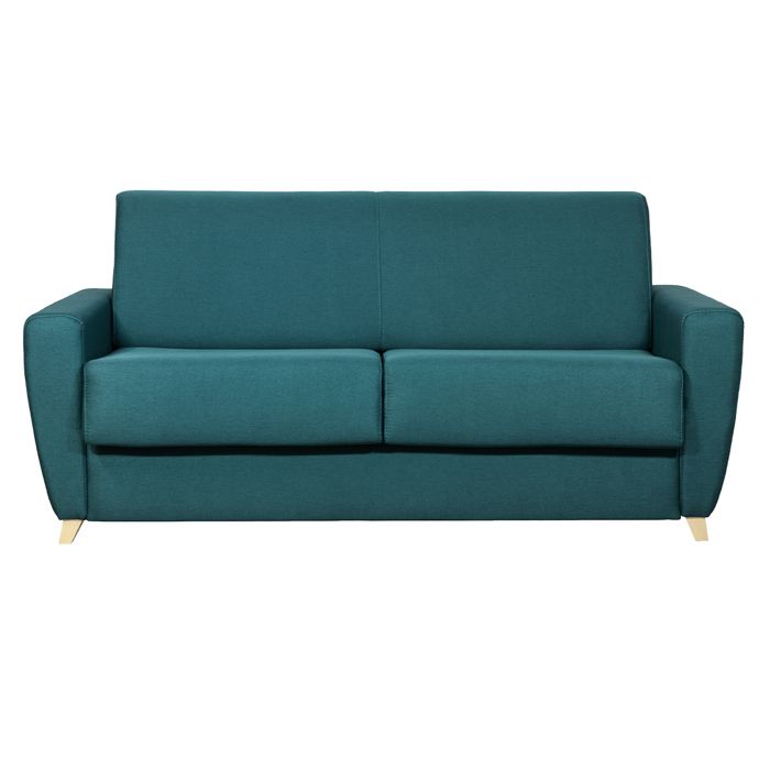Miliboo - Canapé convertible 3 places en tissu bleu canard et bois clair avec matelas 18 cm GRAHAM Miliboo - Canapé convertible 3 places en tissu bleu canard et bois clair avec matelas 18 cm GRAHAM