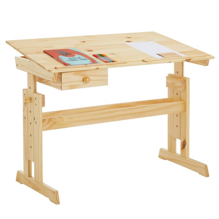 Bureau enfant écolier junior FLEXI table à dessin réglable en hauteur et pupitre inclinable avec 1tiroir en pin massif vernis
