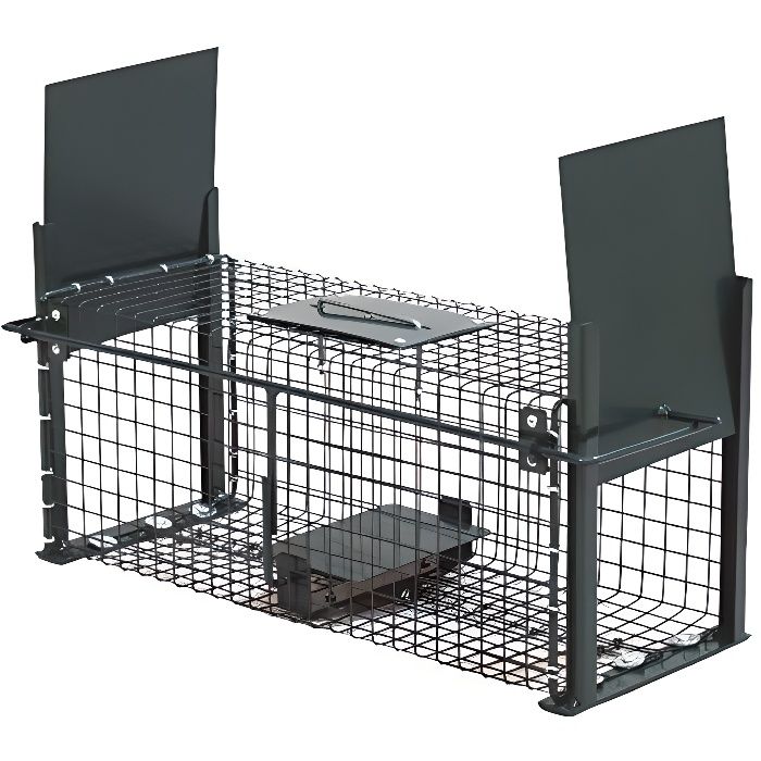 Piège de capture pliable pour petits animaux type lapin rat - 2 portes,  poignée - dim. 81L x 26l x 34H cm - acier