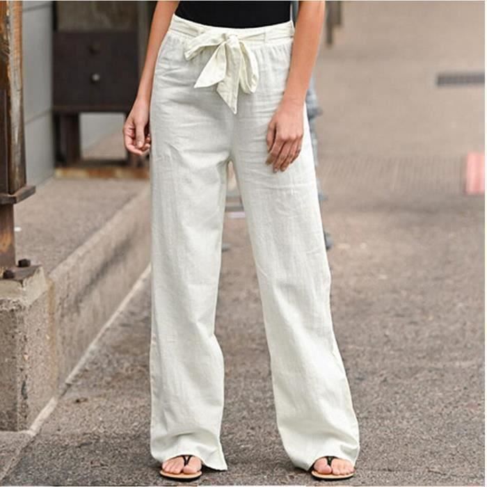 Pantalon en lin et coton pour femme vtement la mode couleur unie lastique longueur cheville dcontract t blanc Blanc Cdiscount Pret a Porter
