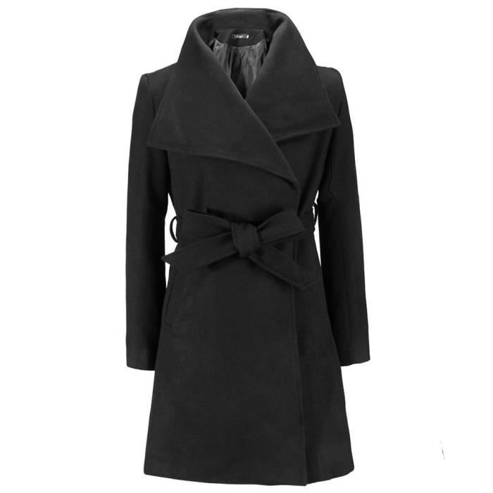 Manteau Hiver Chic Mi-Long Épaulette Mince avec Ceinture Femme Noir