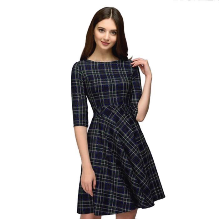 Femmes Robe Plaid Vintage Casual Manches Mi Longues Stretchy Travail De Bureau Robe Longueur Genou Bleu Bleu Achat Vente Robe Cdiscount
