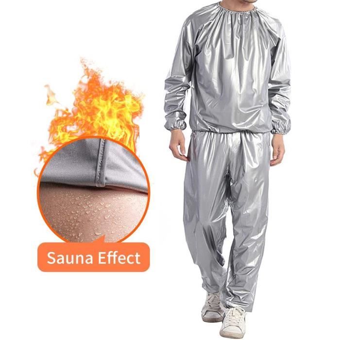 Costume de Sauna Survêtement Résistant Sueur Exercice Gym Suit Fitness Anti-Déchirure PVC pour Hommes Femmes Argent