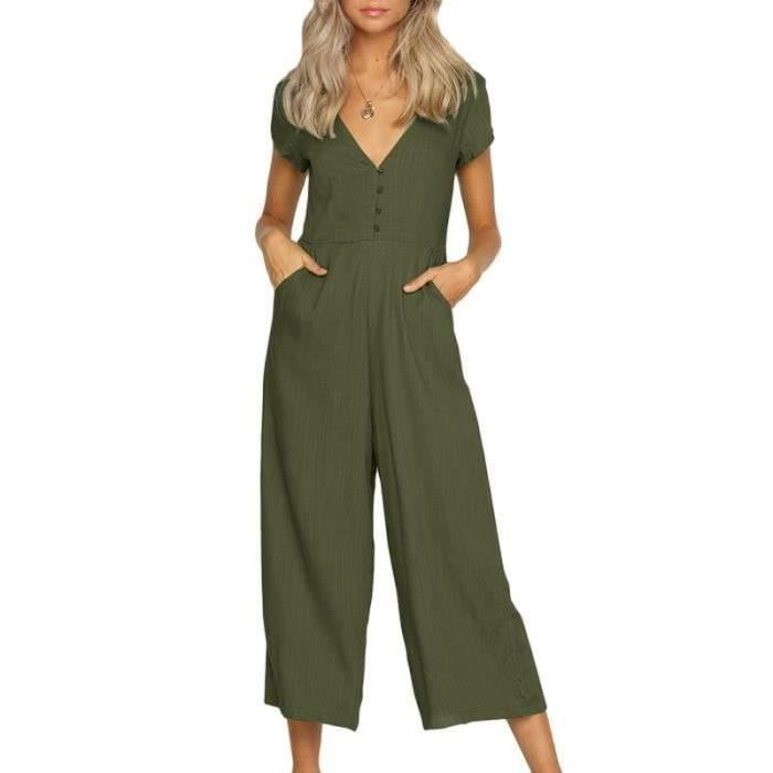 Combinaison Femme Élégante - Manches Courtes, Ceinture Inclus - Pantalon Large - Noir - Pour Soirée Ou Casual