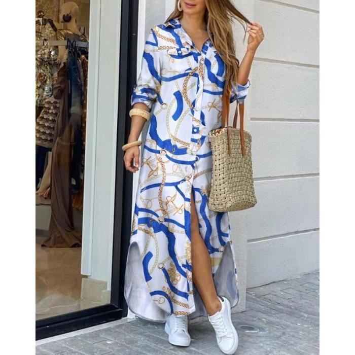 Robe longue en Denim pour femmes chemise manches longues