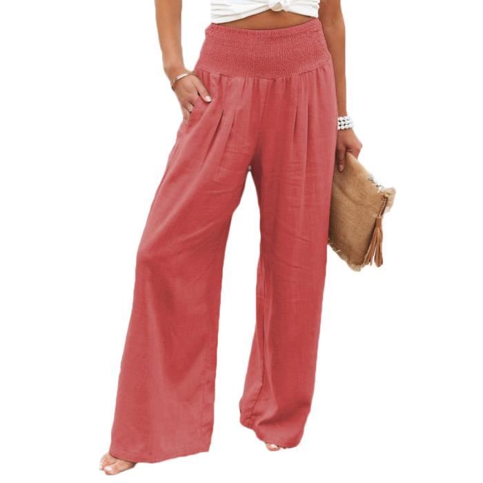 Pantalon Femme Lin Taille Haute Elastique Pantalon Large Chic Et