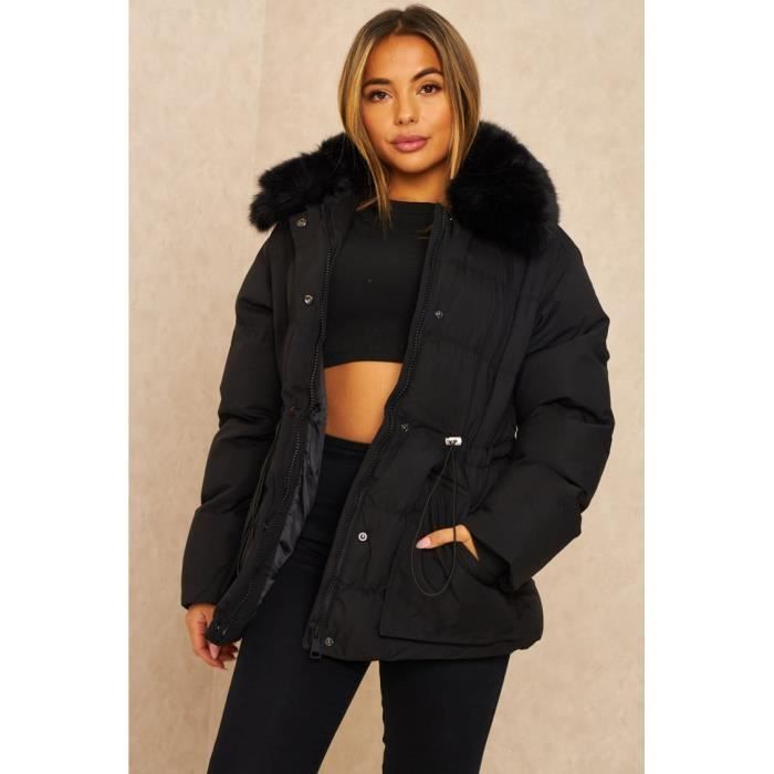 Doudoune courte matelass e noire col fourrure Noir Cdiscount