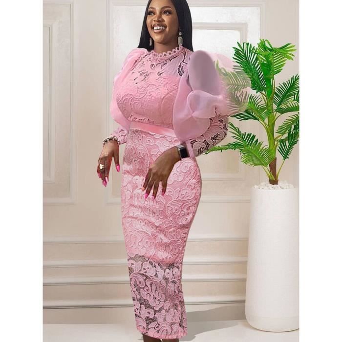 Robe en dentelle moulante femmes Midi bouffant a manches longues retro ete fete anniversaire mariage demoiselle d honneur tenues eve Rose Cdiscount Pret a Porter