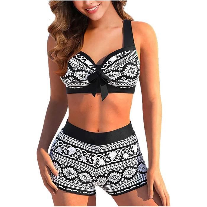 Maillot de Bain Femme 2 Pieces Shorty Bikini Ensembles Bikini Taille Haute Rembourré Maillots de Bain noir