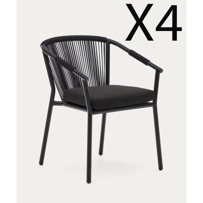 lot de 4 chaises de jardin en aluminium et corde noire - longueur 59 x profondeur 63 x hauteur 79 cm