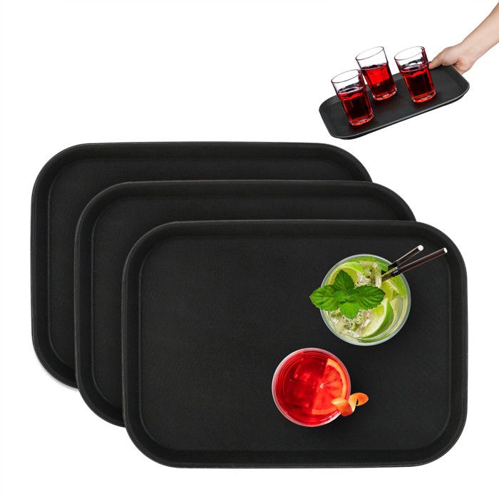 Relaxdays Plateau de service lot de 3 surface antidérapante forme rectangulaire restaurant LxP: 35x25 cm noir