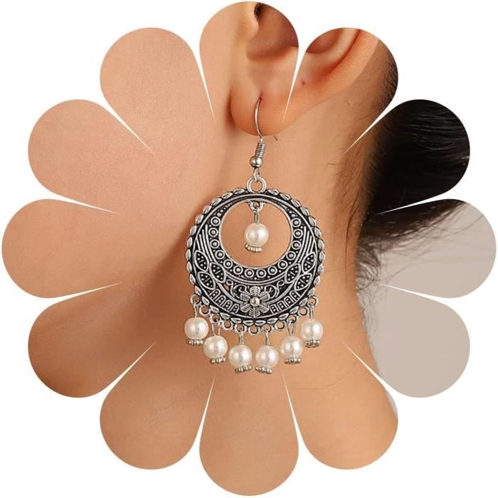 Boucles D'oreilles Pendantes Gipsy Gitane - Couleur Or Et Perles - Vintage