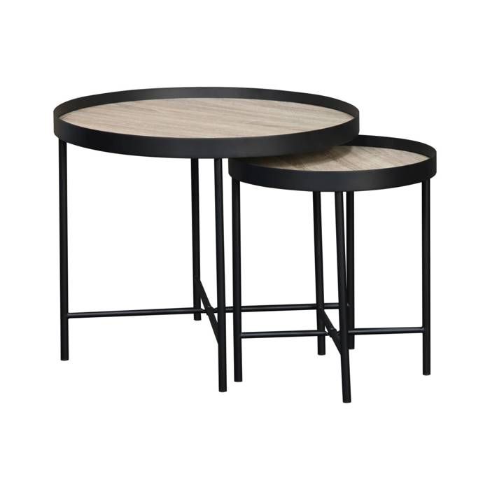set de 2 tables gigognes rondes pratiques en mdf effet bois de chêne avec pieds noirs