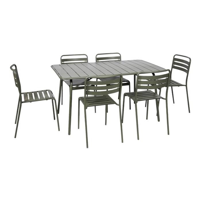 Table de jardin pliante métal + 6 assises. Amelia. kaki. 141.2 x 80 x 72.5cm