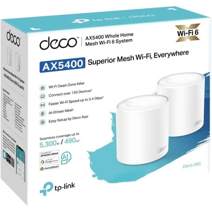 WiFi 6 Mesh AX5400 Mbps - TP-Link Deco X60(2-Pack) - Système WiFi 6 pour Toute la Maison - Couverture WiFi de 490