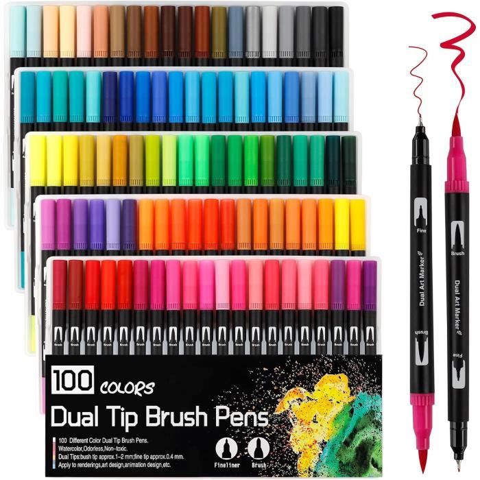 Feutres Coloriage Adulte, 120 Couleurs Feutre Aquarelle, Feutre Double Pointe Fine 0.4Mm Et 3Mm