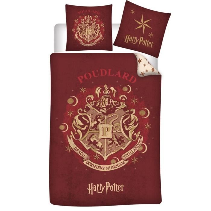Harry Potter - Parure de Lit Enfant coton Poudlard Rouge, Lit 1 place, Housse de couette 140x200 cm, Taie d’oreiller 65x65 cm
