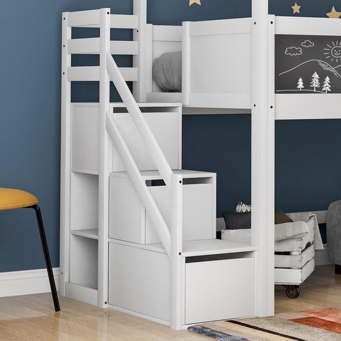 rho - lit de maison - lit de bébé avec escaliers et fenêtres - lit avec cadre à latte - escalier avec 3 tiroirs - blanc - 200x90 cm
