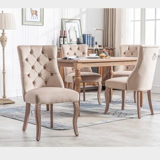 Lot De 4 Chaises De Salle à Manger En Velours Beige - Dossier Ergonomique, Pieds Métal - Style Moderne