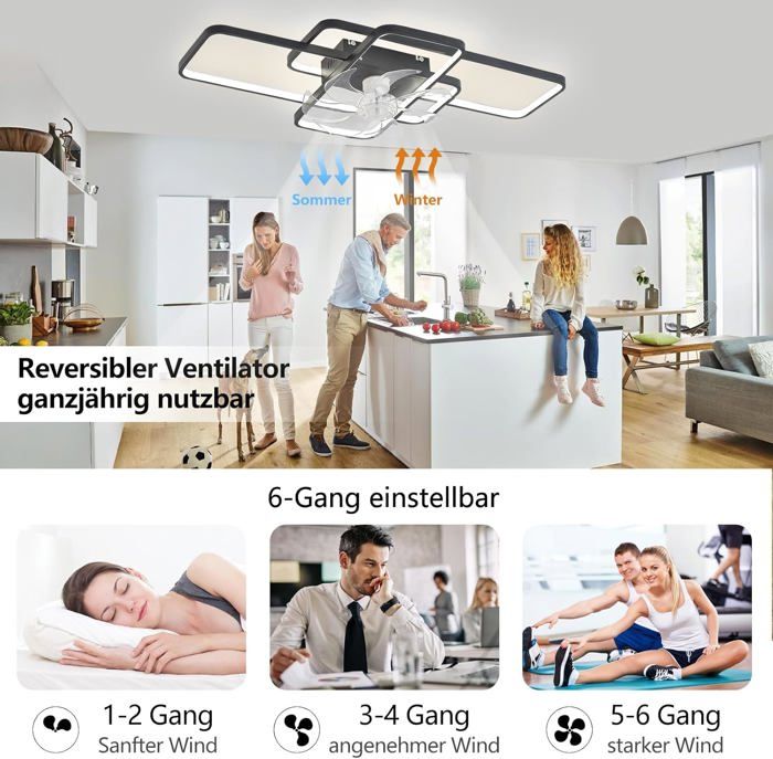Ventilateur Plafond LED 80W 72cm Télécommande – 6 Vitesses, Réversible, Lumière 3 Températures, Noir