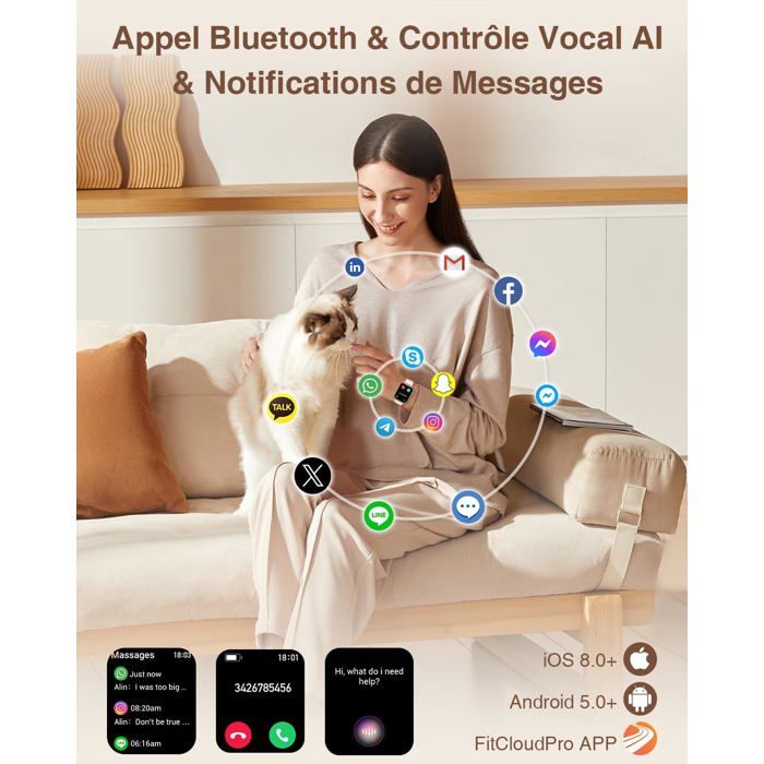 Montre Connectée Femme Avec Appel Bluetooth 5.1, Couronne Rotative Smartwatch Avec Fonction Feminine Lecteur De Musique Frequence Cardiaque Spo2 Montre Connectee Etanche Pour Ios Android Or Fiche