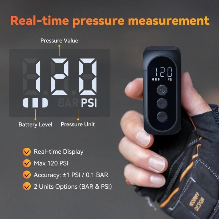 Mini Pompe à Vélo électrique ANOUTWAY Avec Manomètre Numérique – Arrêt Automatique, Compatible Presta/Schrader, Légère Et Rechargeable USB-C – Idéale Pour VTT Et Route