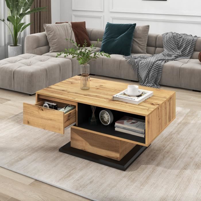 Table Basse Rectangulaire En Bois Avec étagère En Osier - 120x55x42 Cm - Style Français Minimaliste
