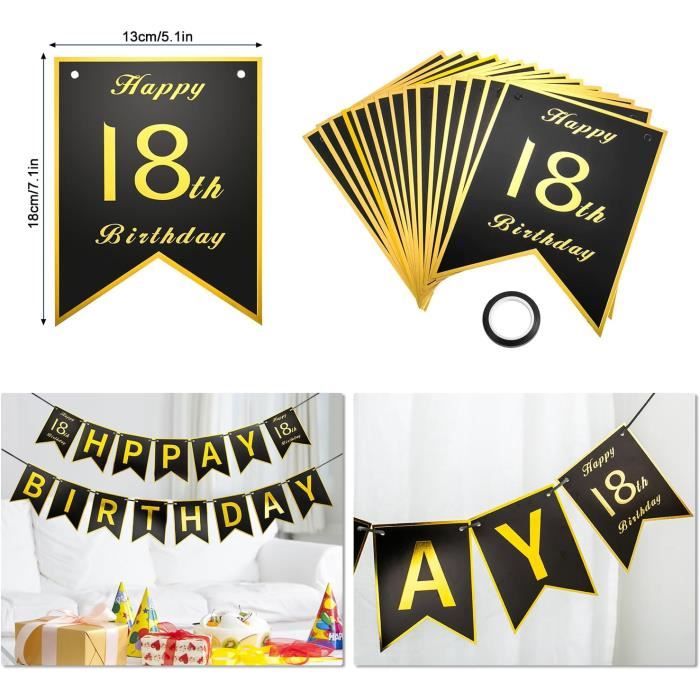Bannière Porte 18e Anniversaire PartyYaa - Noir Doré, 180x30 Cm, Tissu Polyester, Corde Incluse