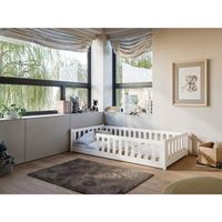 Lit Au Sol Enfant 90x190 Cm En Pin Massif - Avec Barrière De Sécurité, Style Montessori, Charge 230 Kg