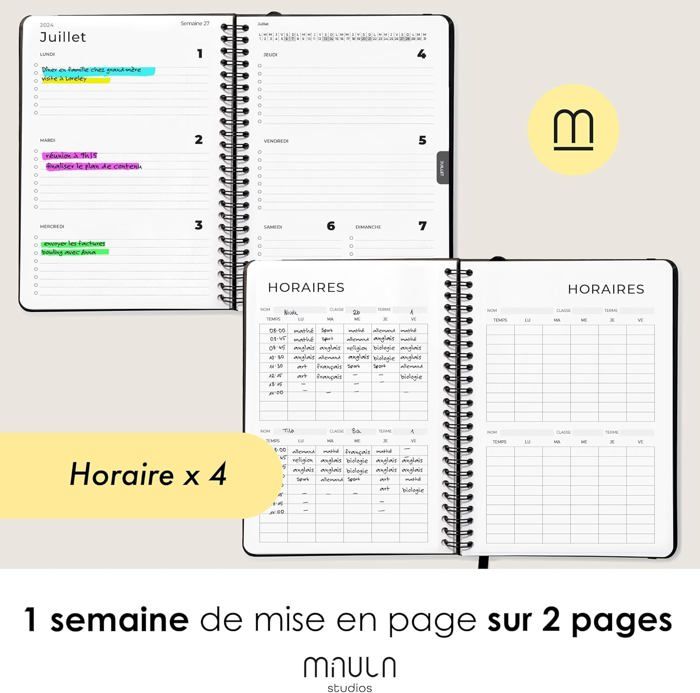Recharge Agenda Semainier 2026 Format A5 - 6 Anneaux, 1 Semaine Sur 2 Pages, Onglets Mensuels, Pages Notes Et Contacts - Janvier à Décembre 2026