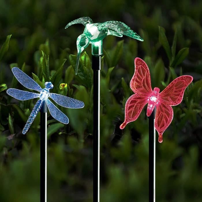 Lot de 3 colibris solaires battants – Décoration de jardin mignonne avec colibris solaires – Trois couleurs vives aléatoires, installation facile, piquets de décoration d'extérieur étanches | Batterie
