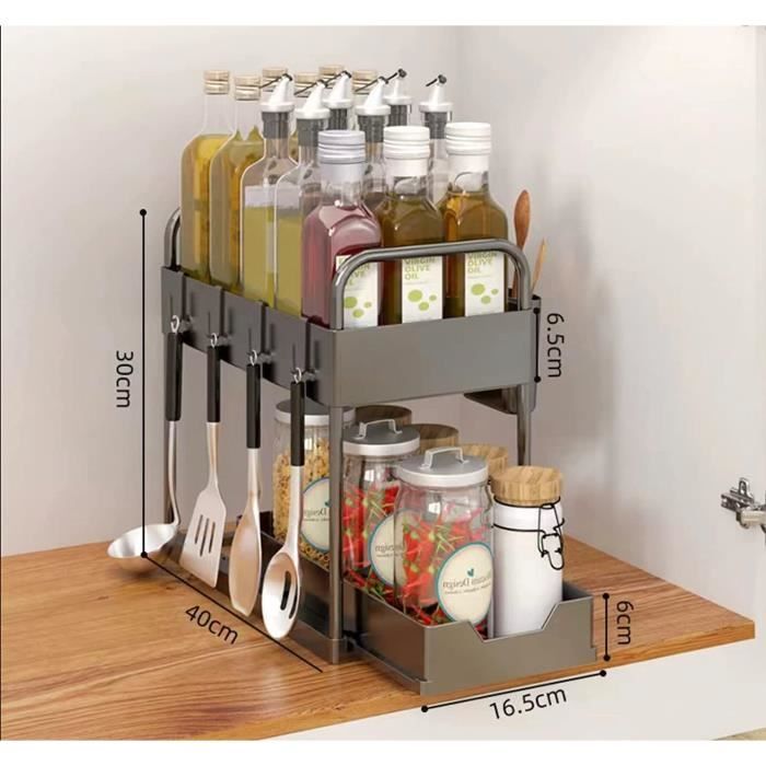 Organiseur De Cuisine Sous Évier 2 Niveaux Coulissants - Noir Avec Crochets Pour Salle De Bain Et Comptoir