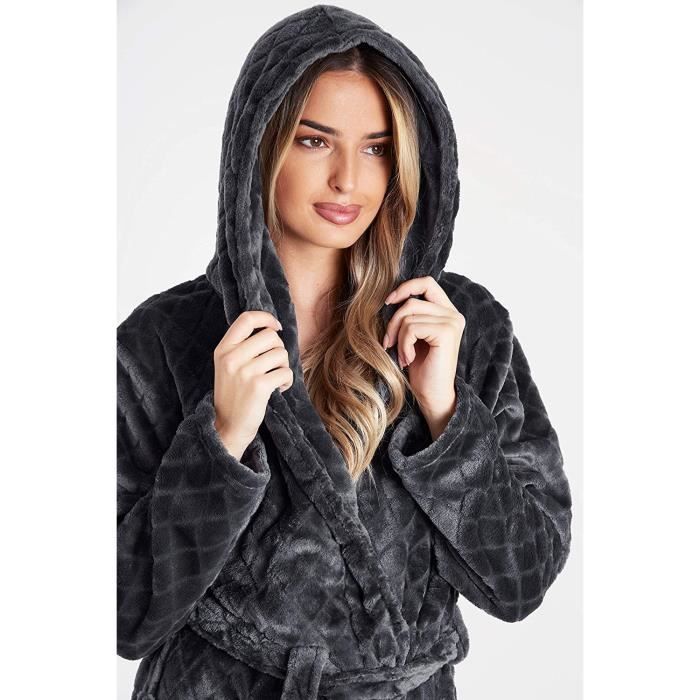 Robe de Chambre Femme Peignoir Femme Polaire Capuche 1013