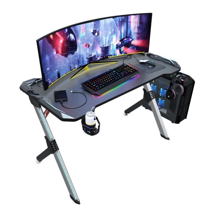 Bureau D'angle Ordinateur 120 Cm LED, Avec Ports USB Et Prise De Courant, Table Imformatique Etagères De Rangement Et Support D'Ecran(Noir