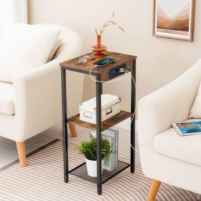 HOOBRO Table De Chevet Avec Station De Charge USB Et Prises - Table D'Appoint Marron Rustique Et Noir Avec Tiroir Ouvert, Idéale Pour Petits Espaces, Chambre Et Salon