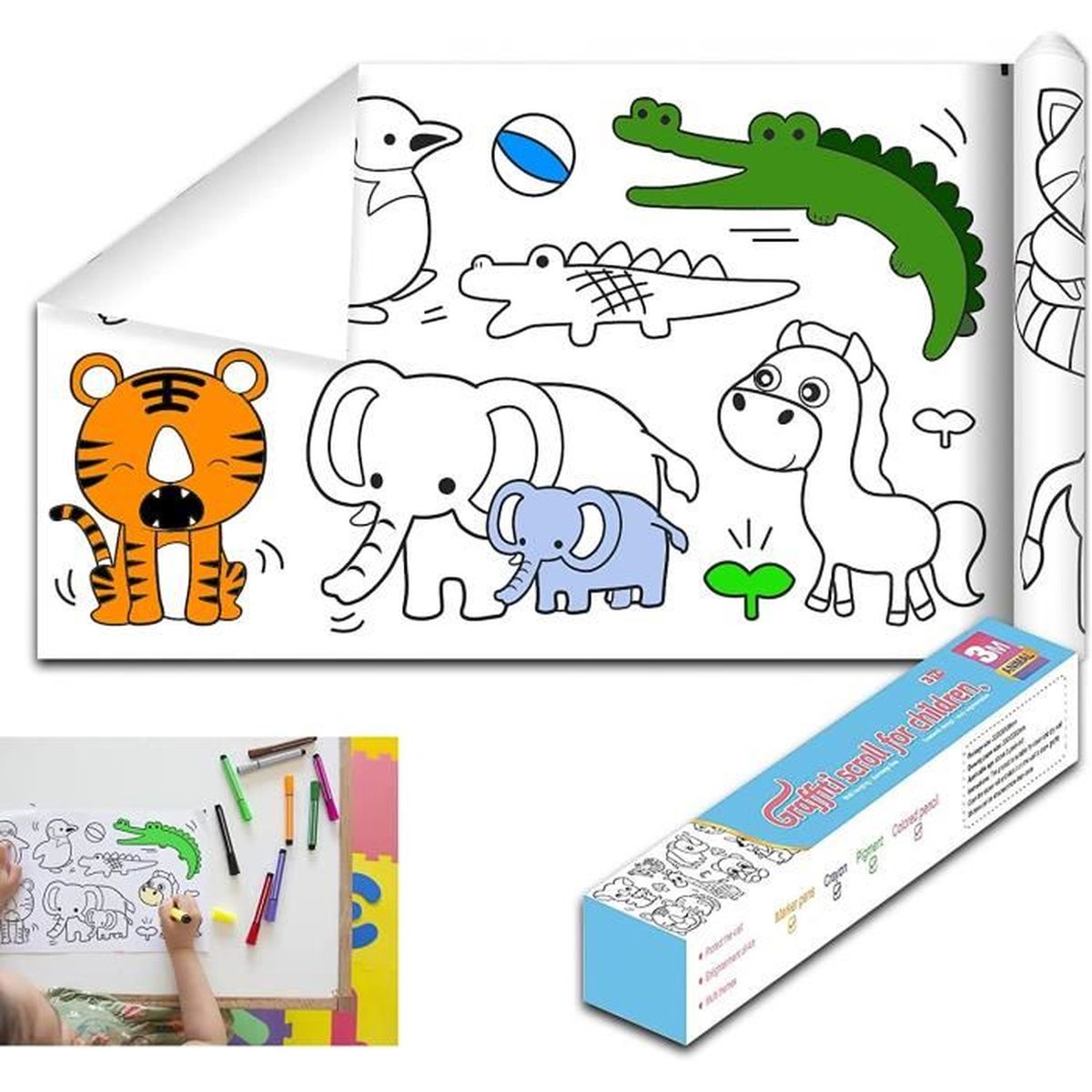Rouleau De Coloriage Enfant 300cm UKOFEW - Papier Adhésif Monde Animal Pour Créativité