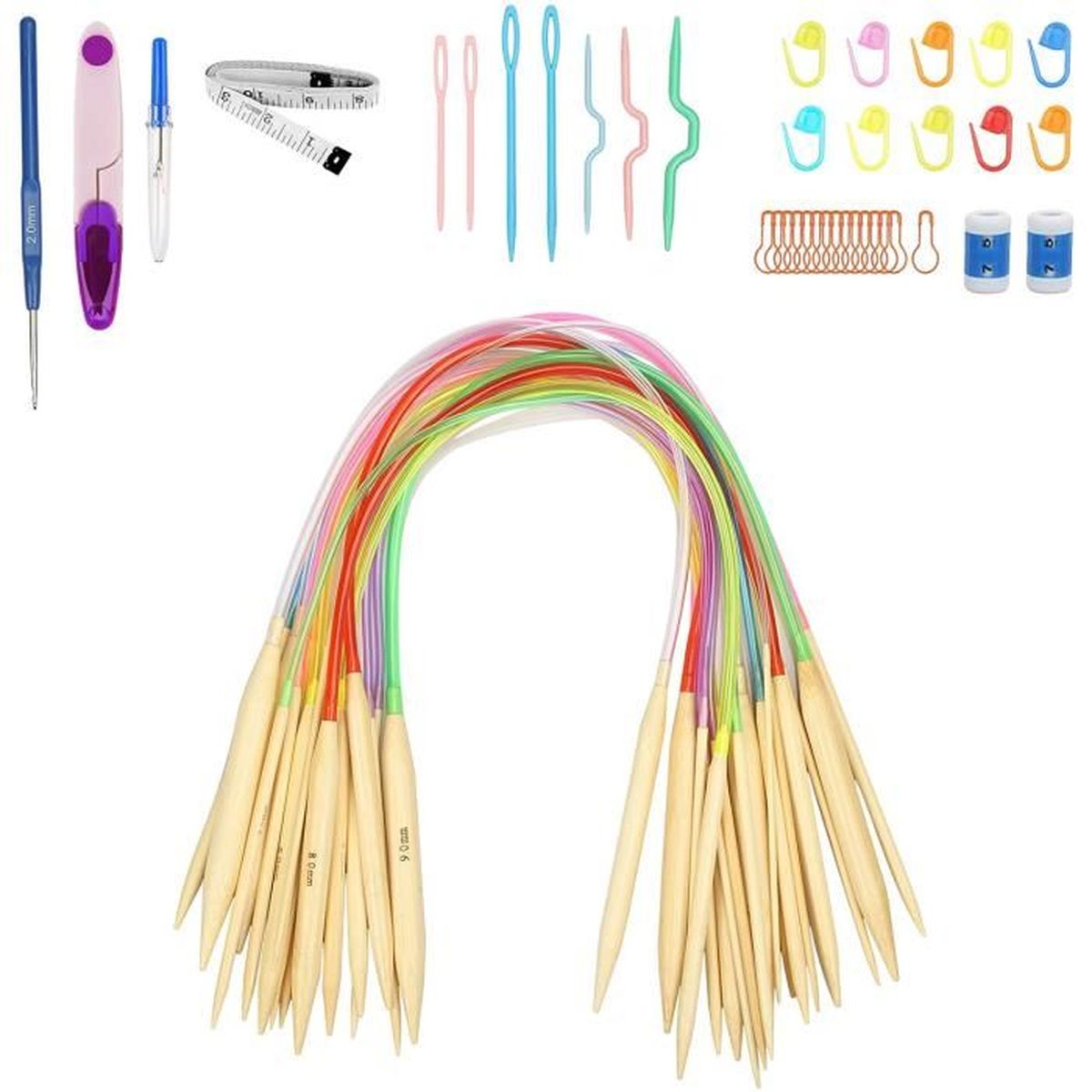 18 Paire Aiguilles Circulaire a Tricot en Bois Bambou avec Aiguille a Crocheter et 10pcs