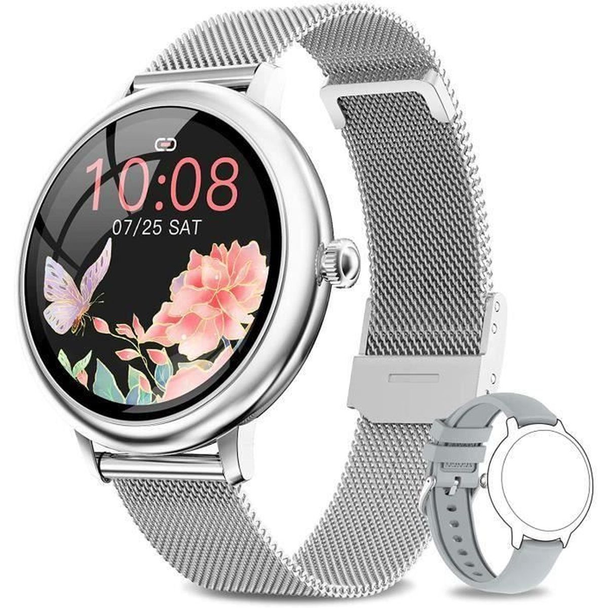 Montre Connectée Femmes Homme, Bracelet Connecté étanche Pas Cher avec 2  Bracelets pour iOS et Android - Argent - Cdiscount Téléphonie